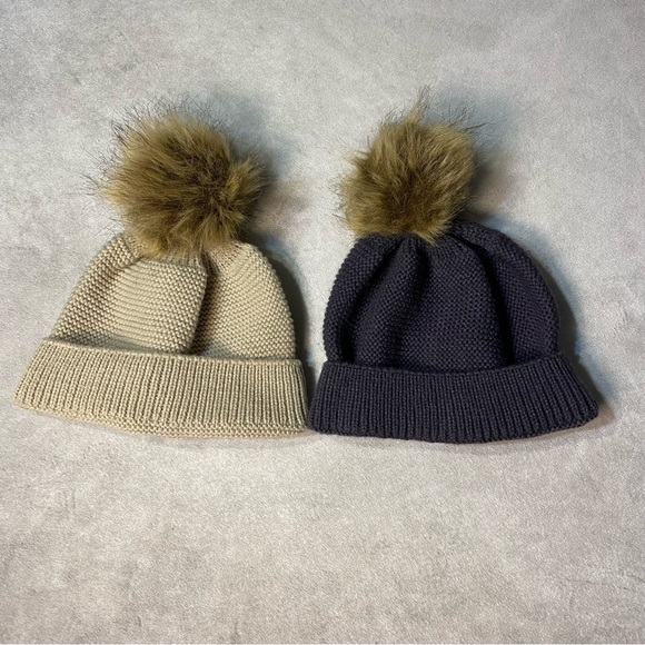 Gertex Twin Pom Pom Faux Fur Beanie Hat Lot 2 Toddler Little Kids Tan & Gray - Picture 11 of 11